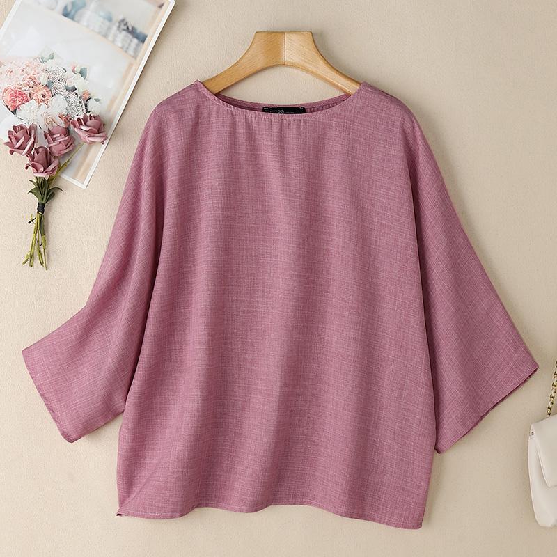 ZANZEA Women Casual Round Neck 3/4 Sleeve Loose Plain Blouse