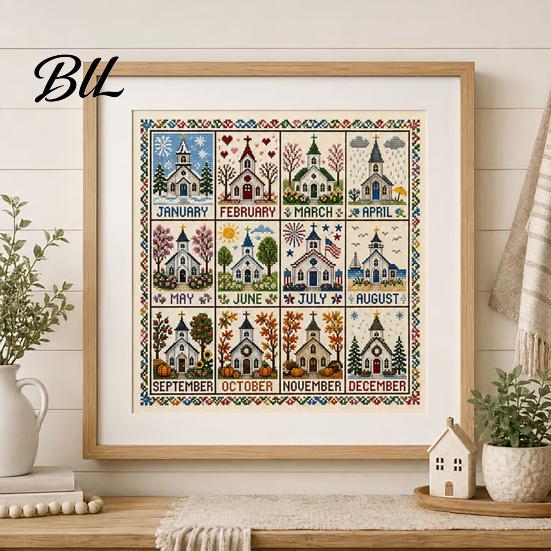 Handcrafted Home Wall Hanging 12-Month Cross Stitch Kit, DIY Four Seasons Embroidery Seasonal Easy Pattern for Novice Stamped Stitching Craft