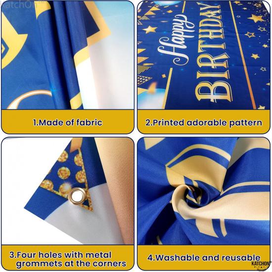 KatchOn, XtraLarge Gold and Blue Happy Birthday Banner - 72x44 Inch | Blue and Gold Birthday Backdrop for Happy Birthday Decorations | Party