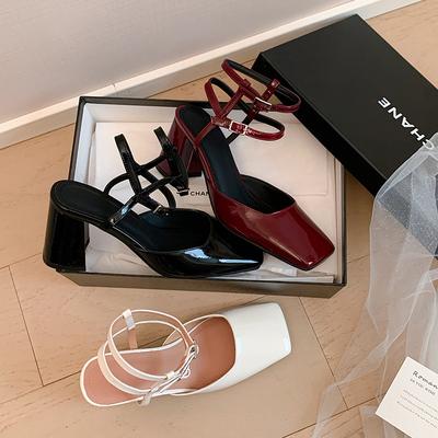 2025 лето новая кожаная лодыжка с пряжкой с открытым носком высокий каблук темперамент квадратный носок толстый каблук сумка голова сандалии женские