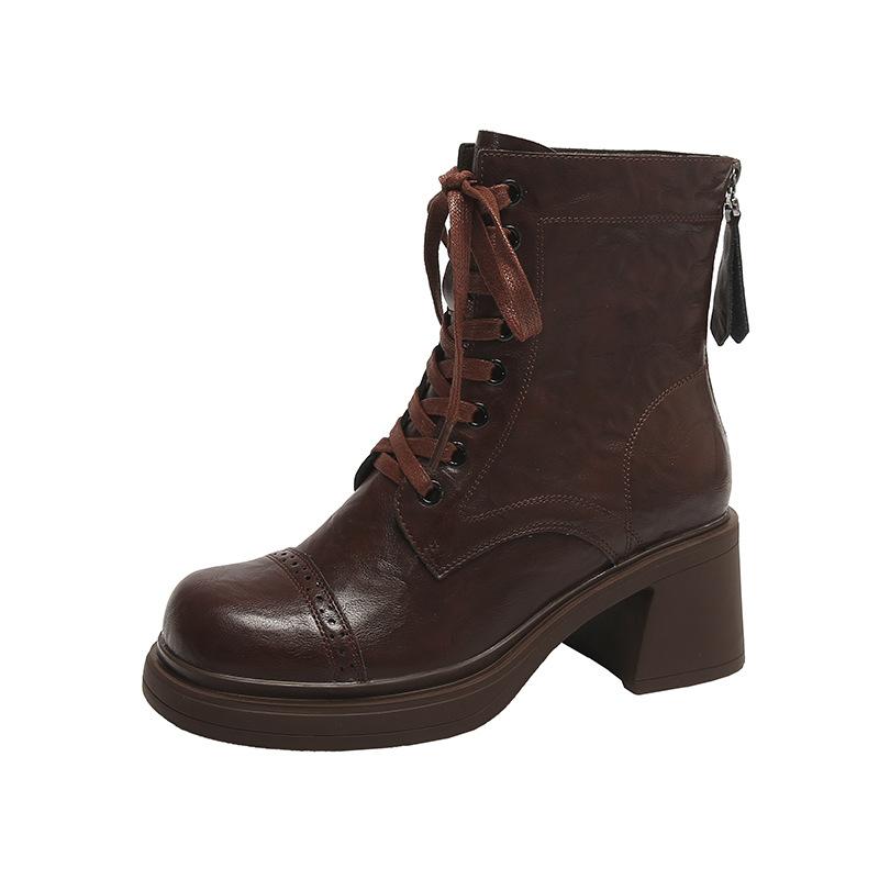 Модные женские черные ботильоны Модные ботинки на шнуровке на платформе на толстом каблуке Мотоциклетные ботильоны Ретро 2025 Осень Зима Женские короткие ботинки