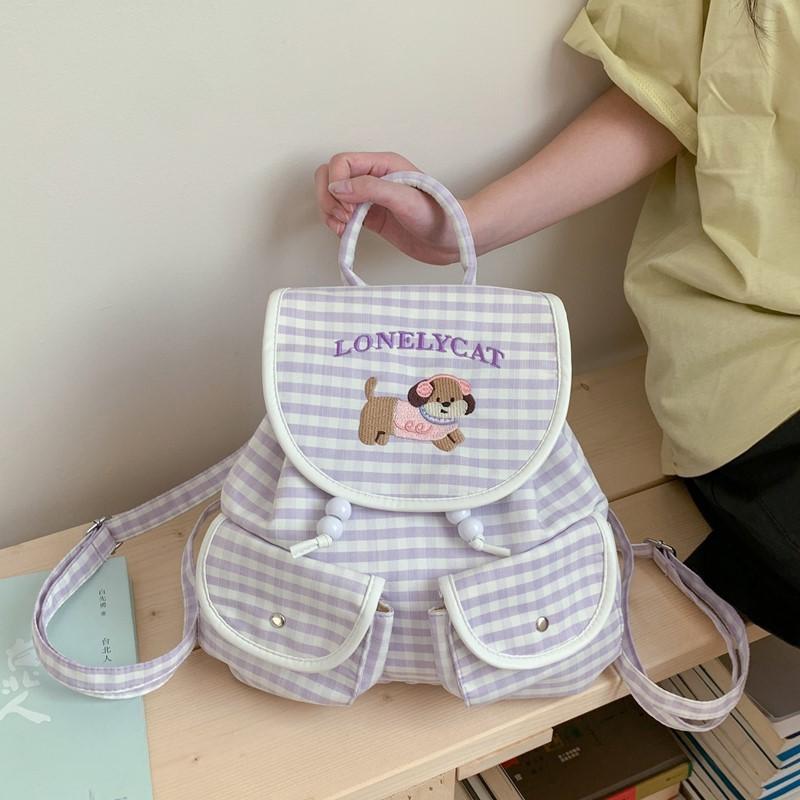 Letter Small Dog Embroidered Checkered Pattern Cartoon Backpack For Daily Use