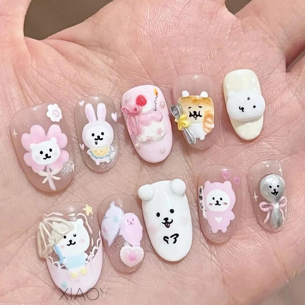 Kawaii Rilakkuma Short Almonds Face Press On Nails 3D Cartoon Japanese Style Customizable Wholesale Girl Party Gift