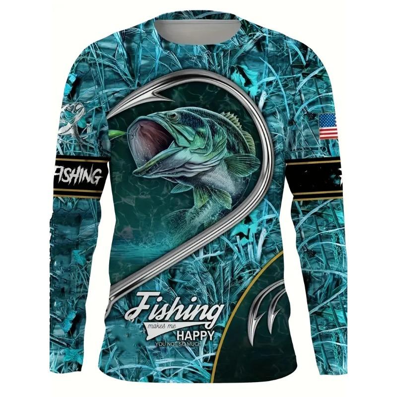 Мужские футболки с длинным рукавом для рыбалки на открытом воздухе, 3D-принт рыбы, футболка с круглым вырезом, летний повседневный свободный топ оверсайз, мужская одежда для рыбалки