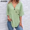 Женские модные повседневные летние весенние однотонные блузки и рубашки с рукавами 1/2 и v-образным вырезом с принтом
