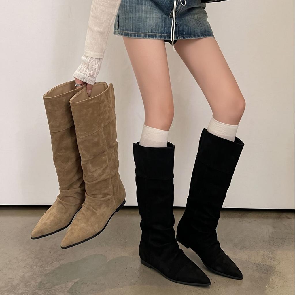 Inner heightening~ Retro suede inner heightening boots for women's autumn and winter new flat-bottomed pointed stacking boots show thinness and height