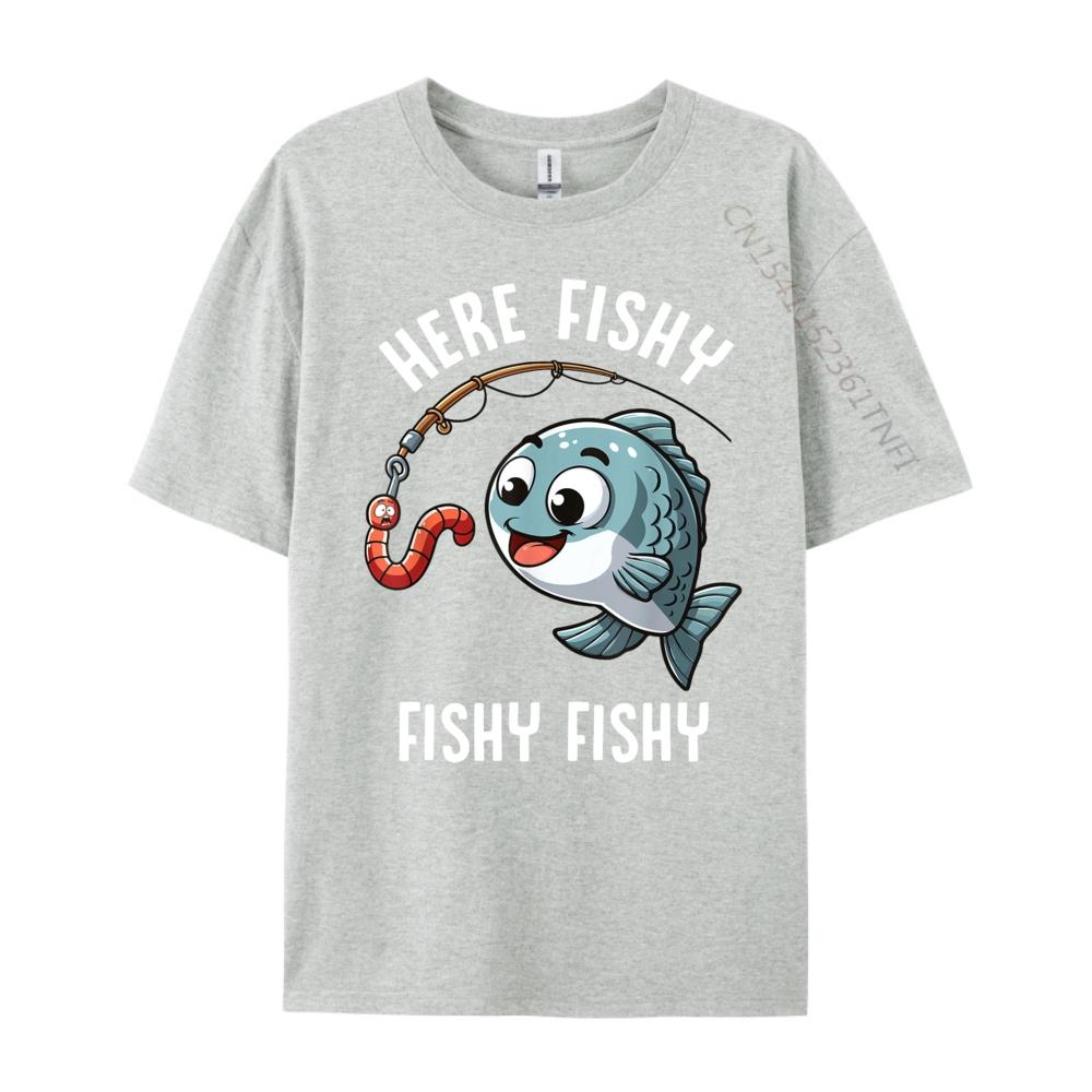 Here Fishy Fishing Funny Worm Cute Fish Fisherman Oversized T Shirt Men Summer Original Mens TShirts Character New Tshirt