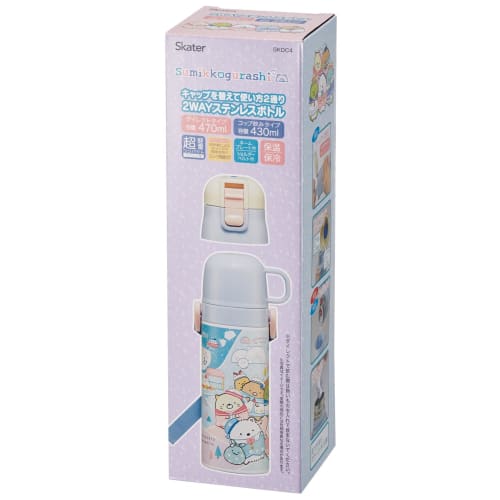 Skater Children's Water Bottle, 2-Way, 470ml (Direct Drinking) and 430ml (Cup Drinking), Sumikkogurashi Polar Bear Hometown Design, Girls' Stainless S