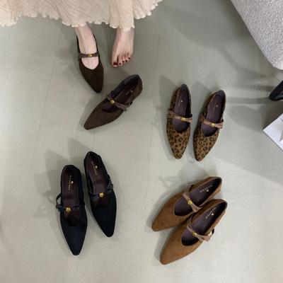 2025 осень новые туфли на толстом каблуке с острым носком и открытым вырезом, одинарные туфли с леопардовым принтом и ремешком, замшевые туфли Мэри Джейн для вечера