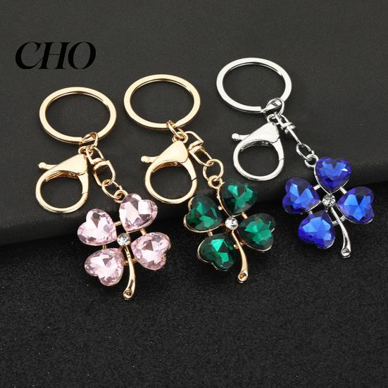 Blue Rhinestone Keychain Pendant Sparkling Rhinestones Four-Leaf Clover Design Key Chain with Lobster Clasp Easy to Hang Holder Backpack Car Accessory