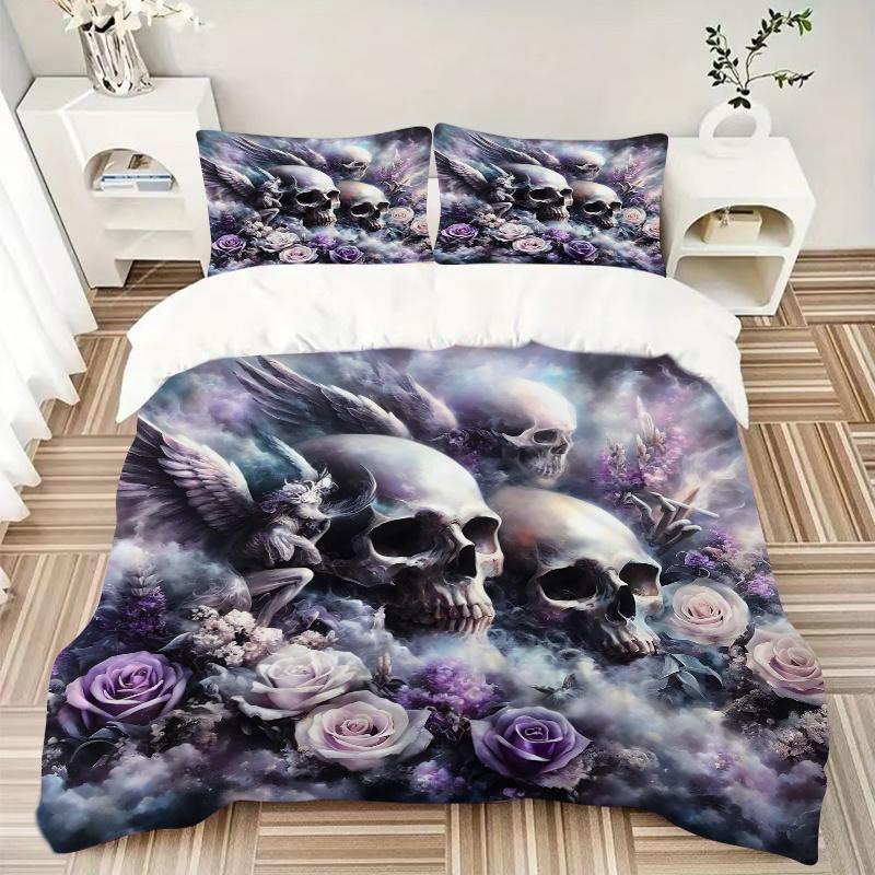 3pcs Skulls Angels and Roses Quilt Cover Set - Soft and Cozy Bedroom, Guest Room and Dorm Decorative Bedding 3-Piece Set 1 Quilt Cover + 2 Pillow