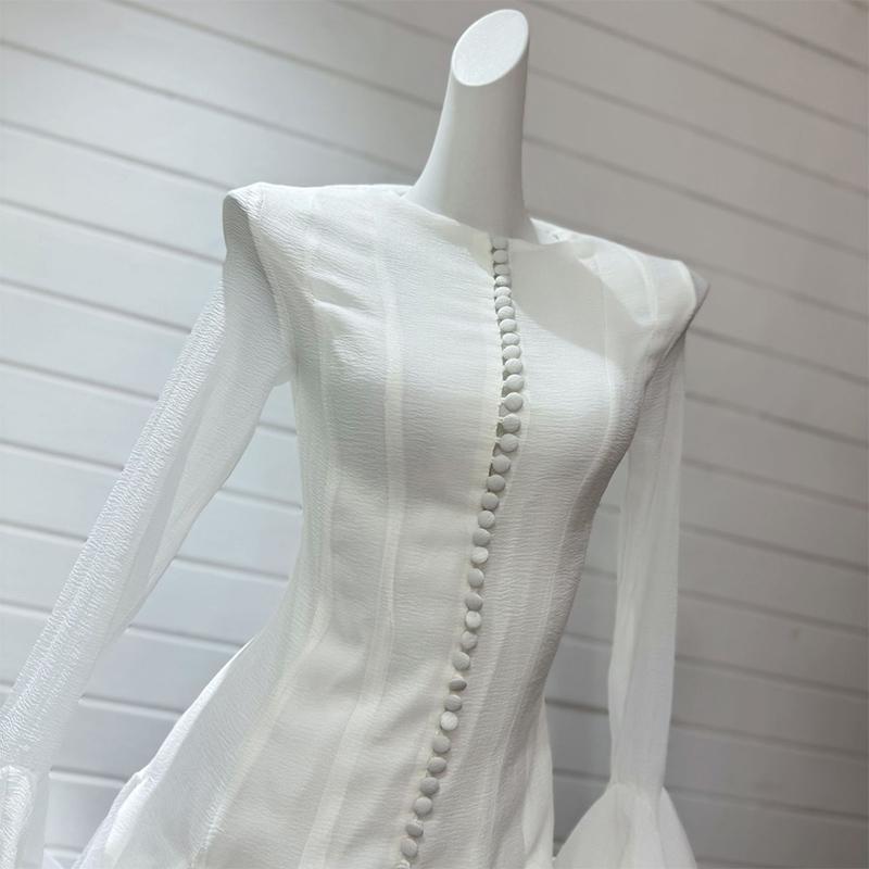 Elegant Ruffles Single Breasted Ruffles Mini Dress Women Flared Sleeve High Waist O-neck Dresses 2025 Lady Party Gowns New