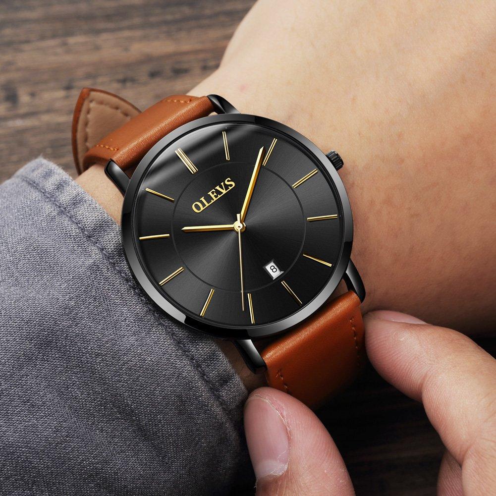 OLEVS Men's Watch, Stylish Ultra-Thin Leather Strap, Quartz Movement, Analog, Date Display, for Men