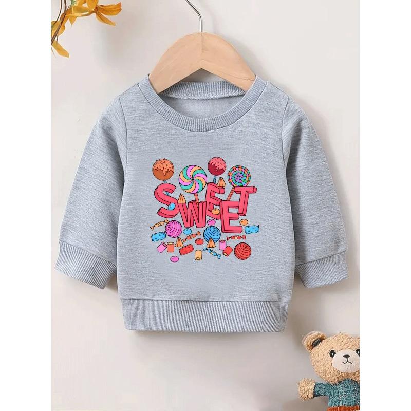European sizes Adorable Candy Print Sweatshirt for Kids, Lightweight And Round-Necked, Designed for Ages 0-3, Perfect for Outdoor Wear