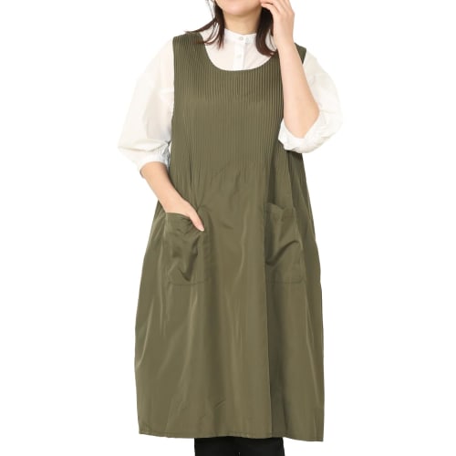 ON NISHIKI Women's Stylish Apron with Cute Pleats, Long Length, Lightweight, Wrinkle-Resistant Micro Peach Fabric, and Pockets (Solid Green: Size 43/M