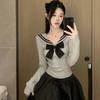 Sailor Collar Short T-shirts Women Bow Striped Long Sleeve Irregular Slim Tops Spring Autumn Japanese Style Sweet Cute Fashion