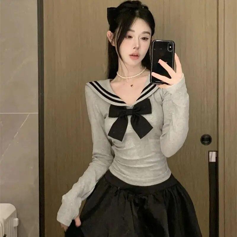 Sailor Collar Short T-shirts Women Bow Striped Long Sleeve Irregular Slim Tops Spring Autumn Japanese Style Sweet Cute Fashion