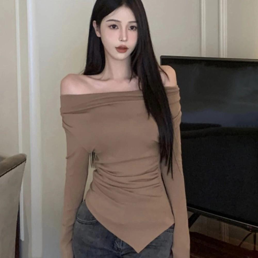 Streetwear Slim Fit Crop Tops Off-shoulder Long Sleeve Tops Unusual Bottoming T-shirt Ladies