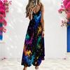 Women Plus Size Off Shoulder V Neck Sleeveless Spaghetti Strap Black Printed A Line Maxi Dress