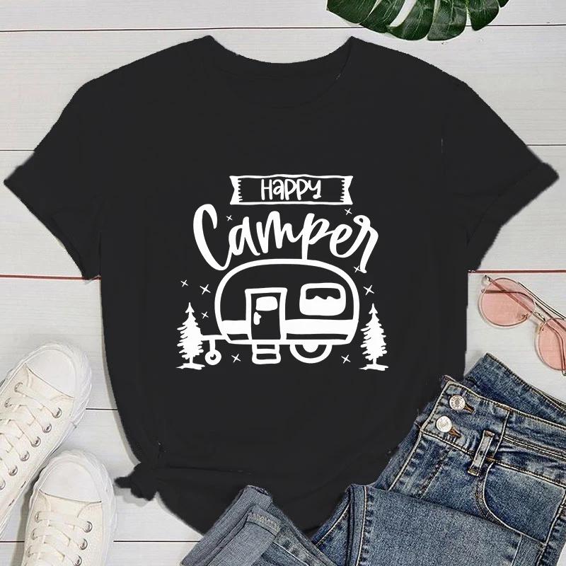 (Премиум-футболка)Модная новая футболка Happy Camper и женская мультяшная футболка Harajuku Streetwear футболка повседневные топы футболки