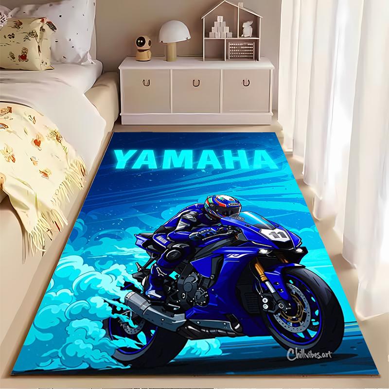 Area Rug, Yamaha Blue Motorcycle Rider Anime Illustration Smoke Neon Print, Man Cave Decor, Non-Slip Mat