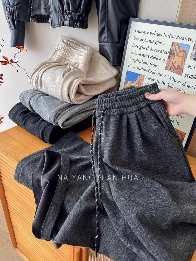 Petite Fleece-Lined Slimming Straight-Leg Pants for Women - Autumn/Winter Elastic Waist Casual Versatile Style