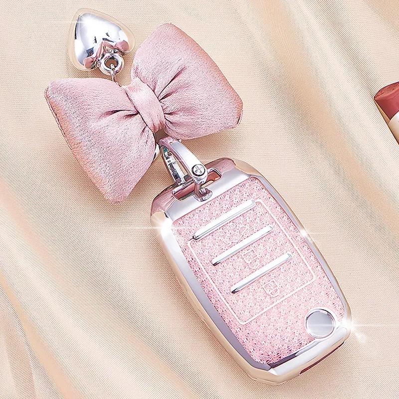 Car Key Case for Kia Rio Optima Sportage Sorento Soul Ceed Cerato Forte Seltos 3 Button Remote Key Cover Fob Crystal Pink Tpu