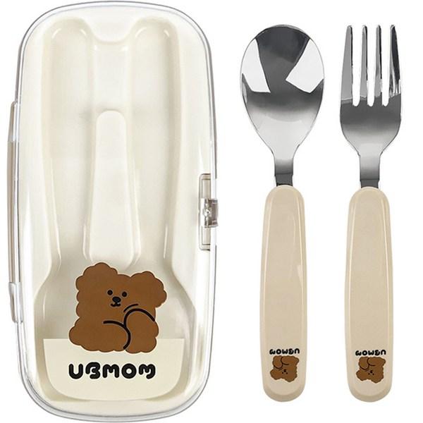 UBMom Набор для младенцев из нержавеющей стали Chocomongy, шоколад, ложка + вилка + футляр