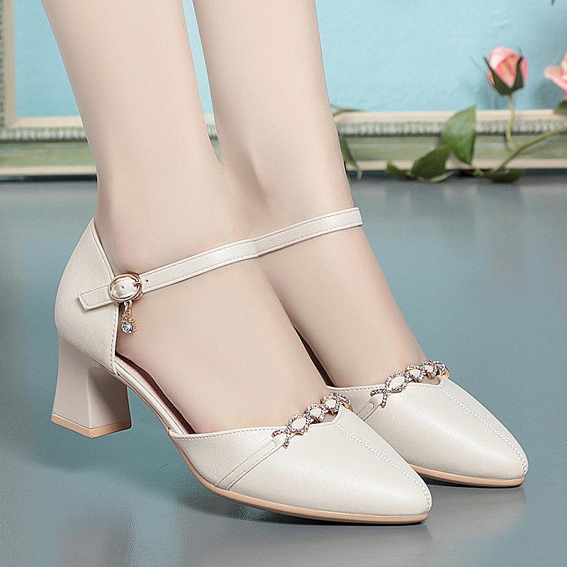 Модные летние модные элегантные красивые офисные туфли на толстом каблуке для женщин милые черные туфли-лодочки на мягкой подошве со стразами