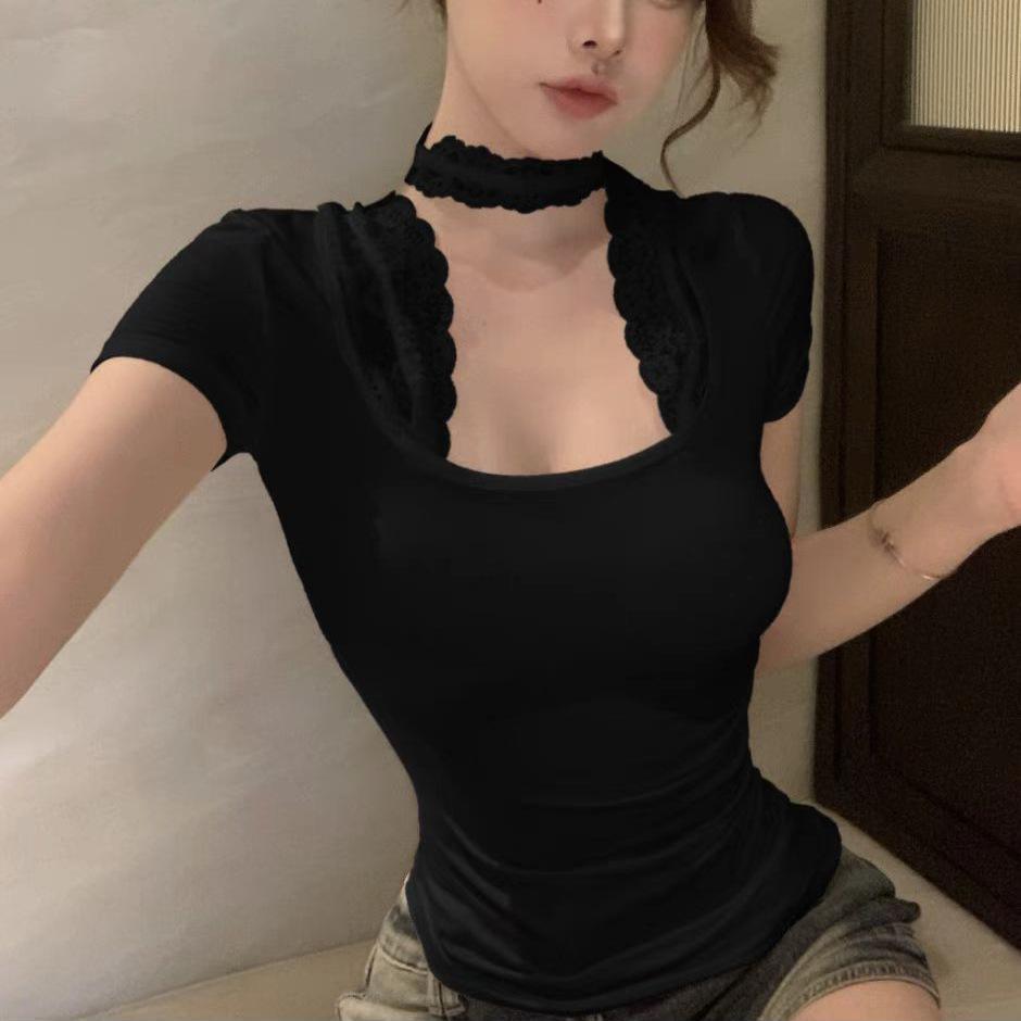 Niche fashion pure desire style neck lace design sense short sleeve T-shirt hot girl sexy irregular versatile top ins