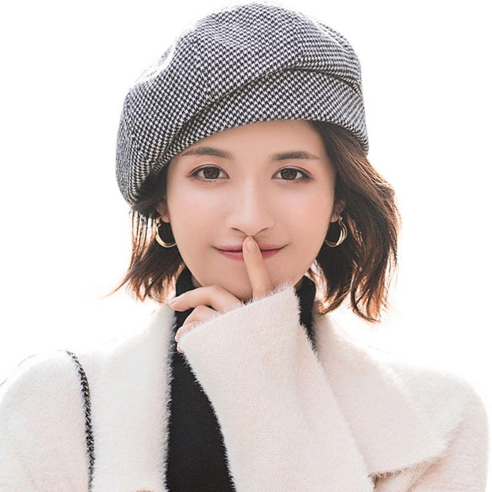 Polyester Lady Fleece Checkered Pattern Round Beret Women Beret Winter Autumn Hat Korean Style Hat