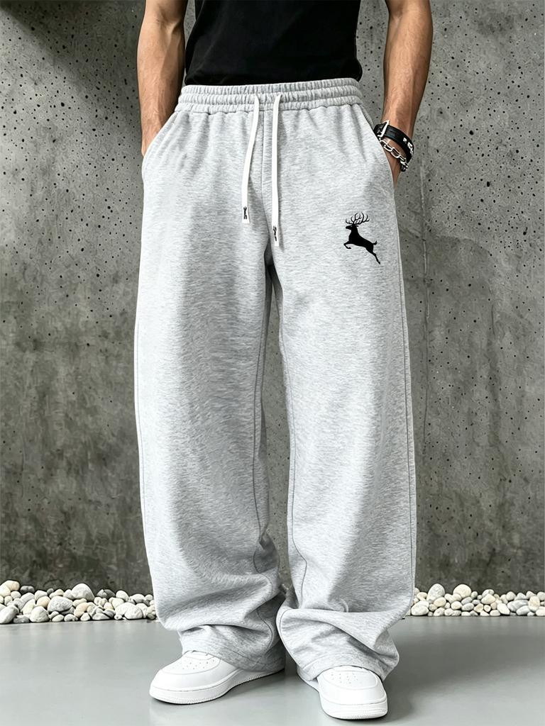 Men Wide Leg Sweatpants, Elastic Drawstring Waist Trousers with Side Pockets for Daily Leisure and Street Matching