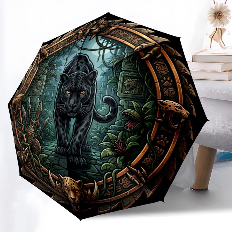 Jungle Jaguar Ritual pattern umbrella, portable and foldable design, 8 ribs, a casual accessory for Halloween, Christmas, and birthday gifts.