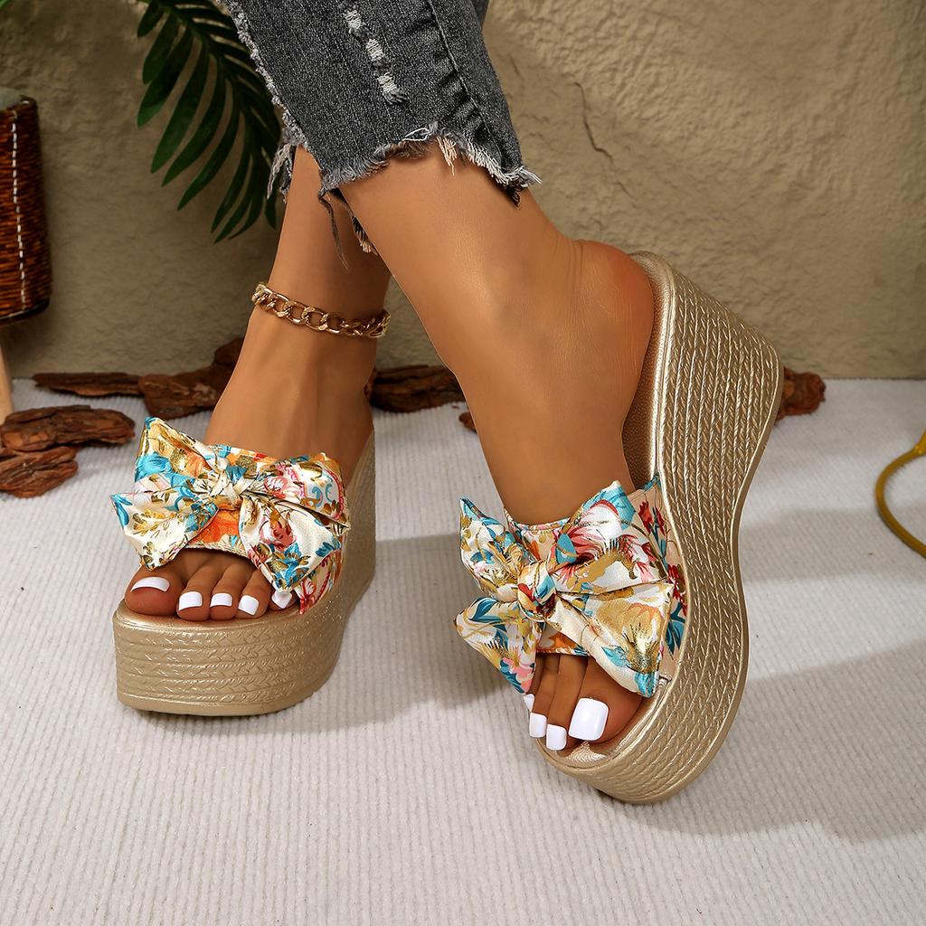 Fashion Wedges Women Shoes 2025 Summer New Shiny Big Butterfly Knot Women's Slipper Super High Heel 9CM Fashion Platform Slides