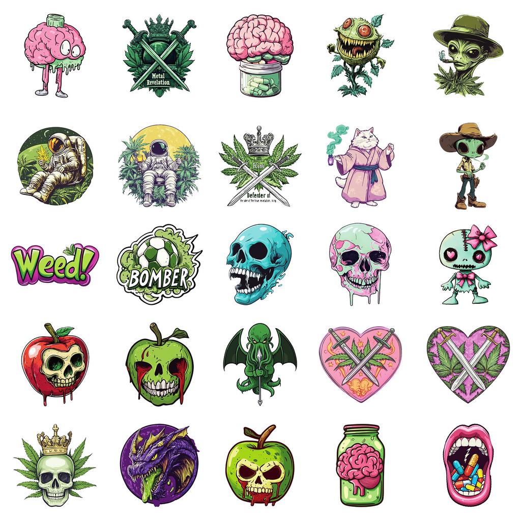 50 оригинальных персонализированных декоративных наклеек. Серия Green Skull Man. Неповторяющиеся декоративные наклейки.