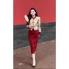 Женский праздничный костюм в стиле ретро с юбкой-чеонгсам красного цвета и вышитой курткой Тан на осень/зиму
