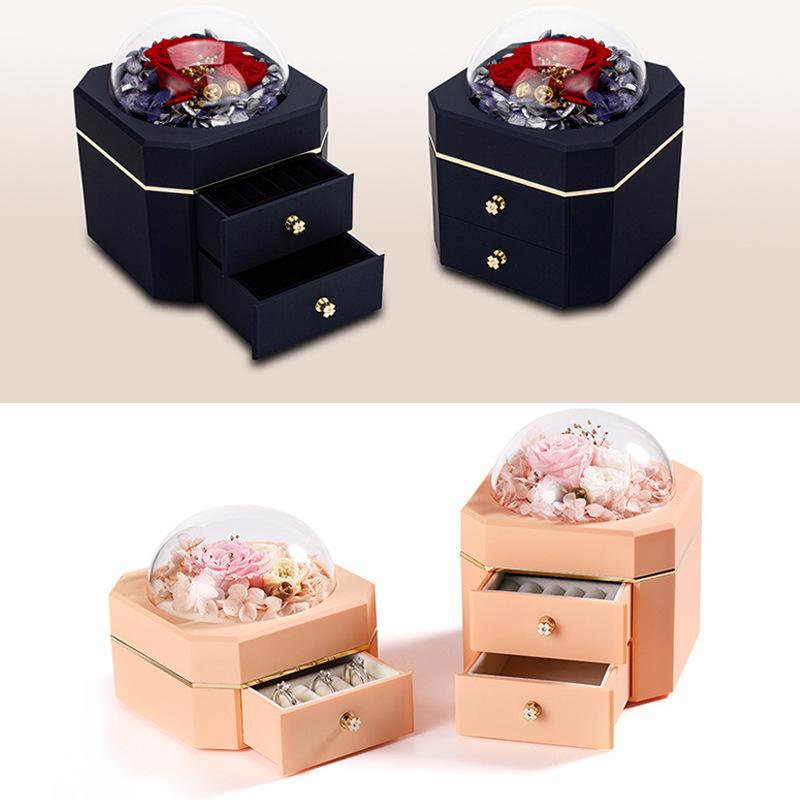 Valentine's Day Eternal Flower Single or Double Layer Drawer Jewelry Storage for Rings Necklaces Bracelets-Square Jewelry Box