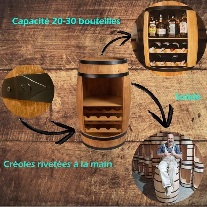 Tonneau en Bois - Creative Cooper - 80cm - Rangement Bouteilles - Chêne - Meuble Vintage