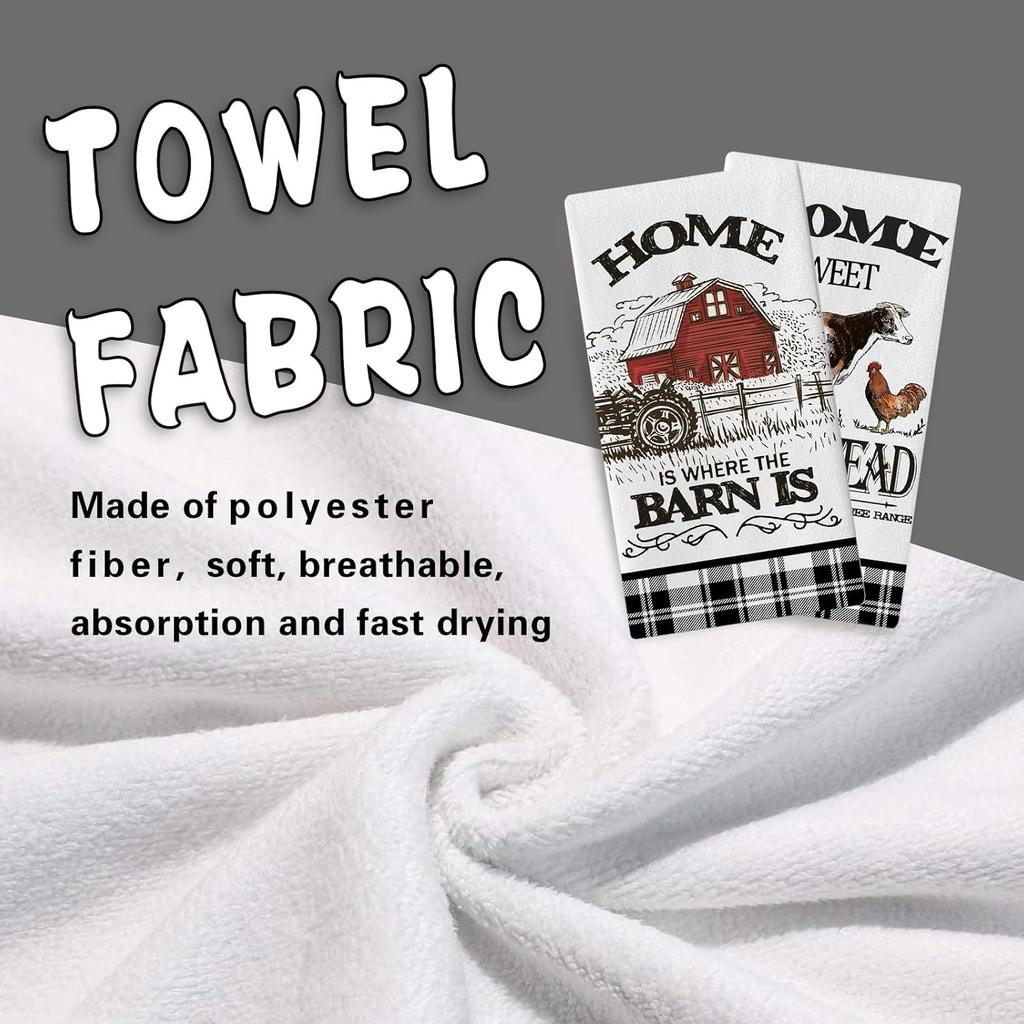 Farm Animals Kitchen Dish Towels Set of 2, Farmhouse Cow Rooster Barn Drying Hand Towel Baking Cooking Cloth, Homestead Tractor Sweet Home Decoration
