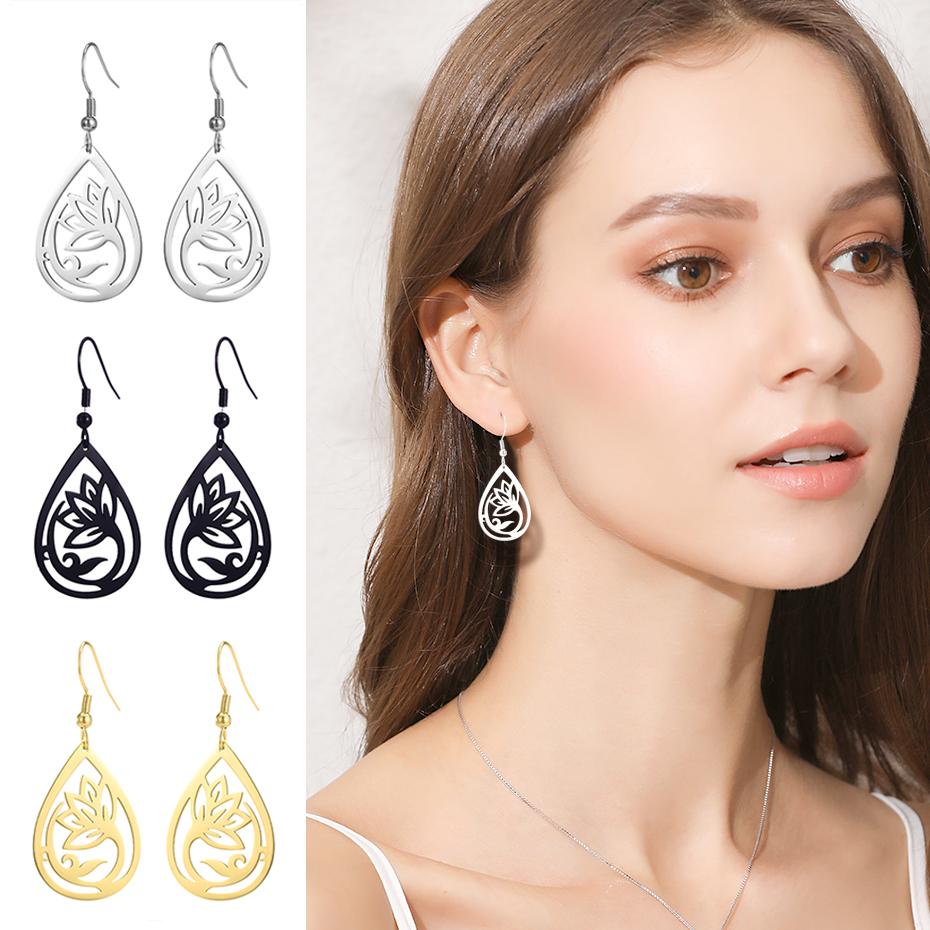 Vintage Hollow Women‘s Flower Earrings Jewelry Stainless Steel Water Drop Shape Geometric Earring