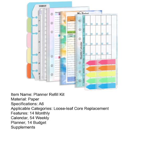 Набор сменных листов для бюджетного планировщика формата A6, 82 листа, 2024 год, красочный месячный/недельный планировщик-календарь, 6 отверстий, блокнот на кольцах для бюджета