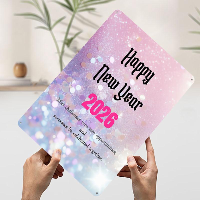 Happy New Year 2026 Glitter Tinplate Poster Customized Wall Art Vintage Retro Metal Signs for Aesthetic Room Decor Men Wand Deko