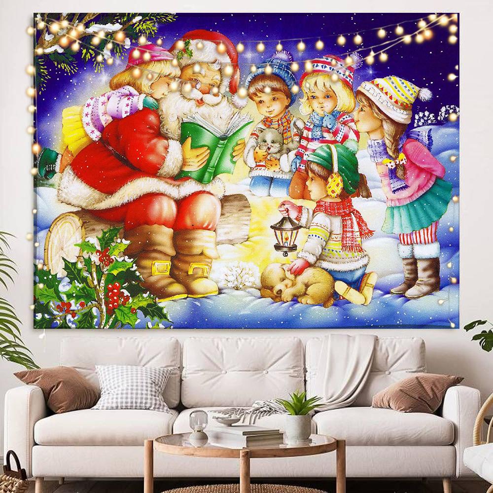 Home Decoration Happy Christmas Scene Christmas Tree Fireplace Candle Tapestry Bedroom Living Room Dormitory Wall Decoration