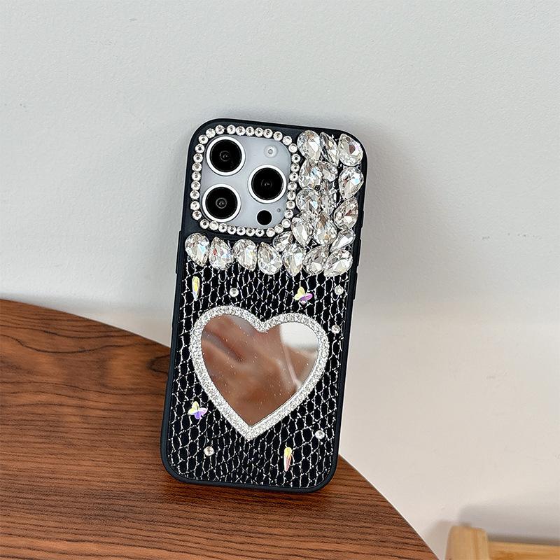 Чехол для мобильного телефона Rhinestone Love Mirror для IPhone17promax Кожа для Apple 16 Женская модель 15 Индивидуальность