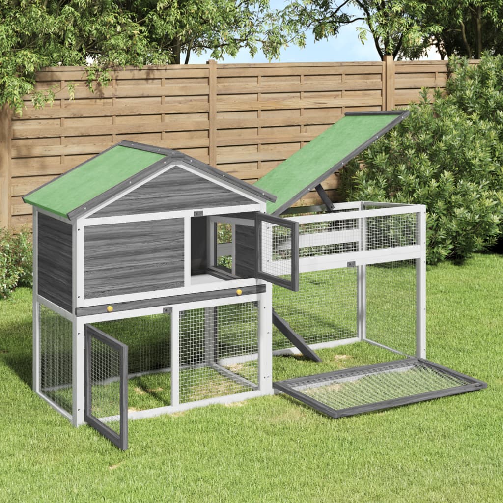 Rabbit Hutch Gray 185.5 x 60.5 x 109.5 cm Solid Pine Wood