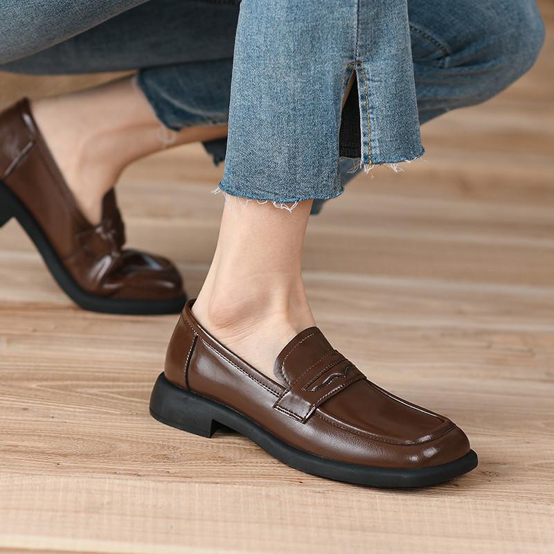 New Fashion  Cow Leather Women Shoes Casual Square Toe Loafers Convenient Thick Heel Slip -On Shoes For Women Platform Shoes