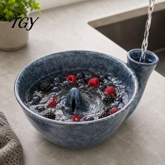 Kitchen Gadgets for Fruits Ceramic Swirl Berry Colander Bowl, Auto-Spin Washing Fruit Rinse Basin, Rinsing Basket Quick Drainage Bowl Fresh