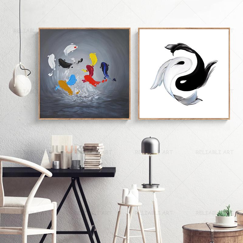 Китайский японский стиль, рыба, дзен, черно-белая рыба, кои, картина маслом, печатные холсты, постеры для декора гостиной, Cuadros