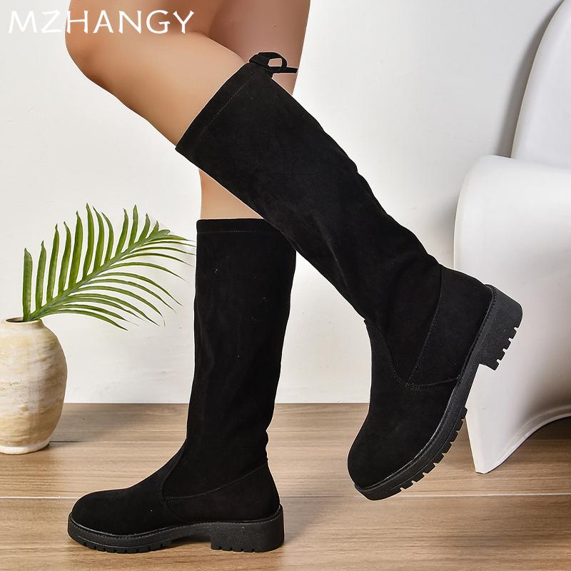 Women Flats High Boots Suede Knee High Shoes Fashion Woman 2024 Trend Chelsea Boots Walking Winter New Goth Mujer Snow Boots