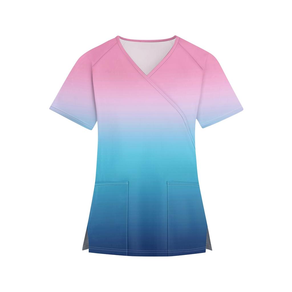 Print Short Vneck Fashion Womens Sleeve Workwear With Pockets Tops